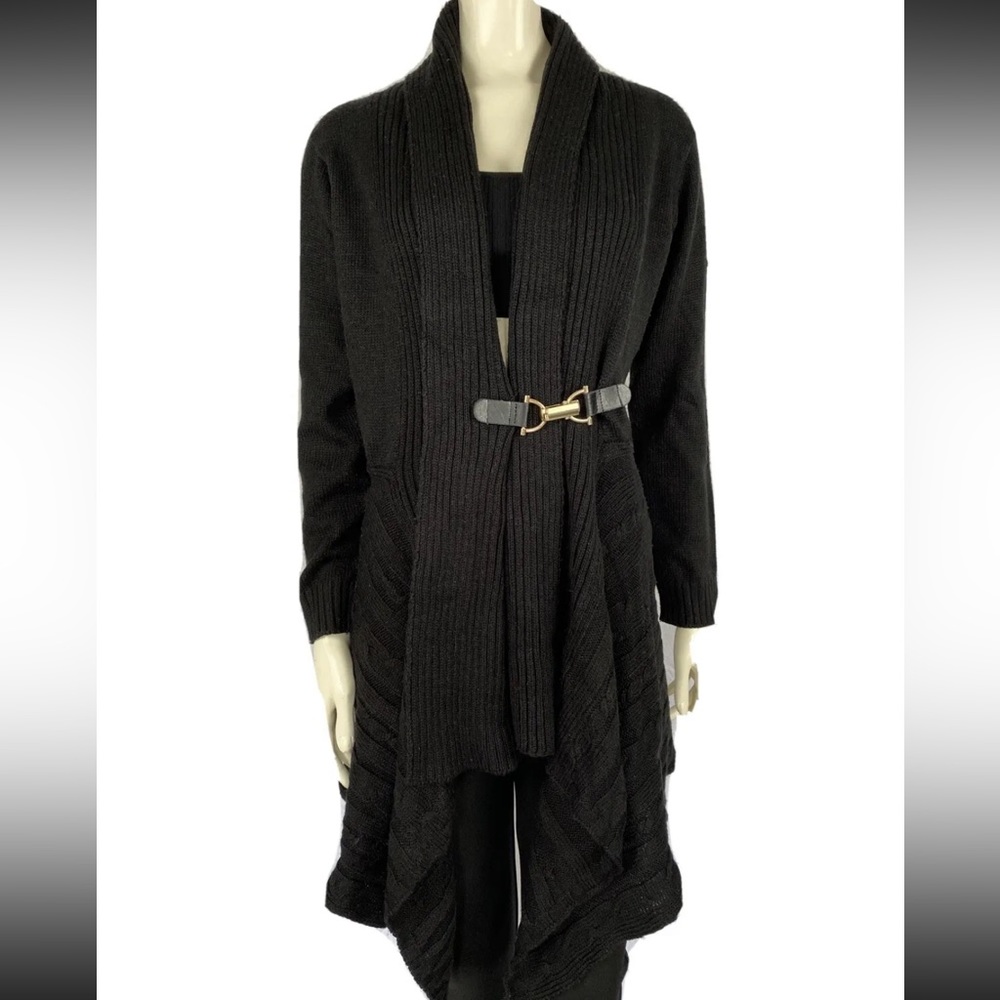divine heart Black Open Front Knit Cardigan Sweater Top w/ Gold Buckle Closure.